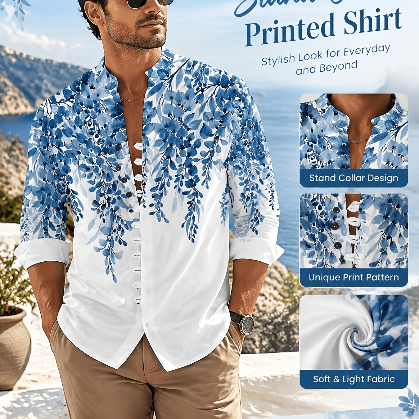 TEMU Men's Autumn Blue White Floral Print Collar 11-button Long Sleeve Shirt, Casual Everyday Vacation Top, Regular Fit Lightweight