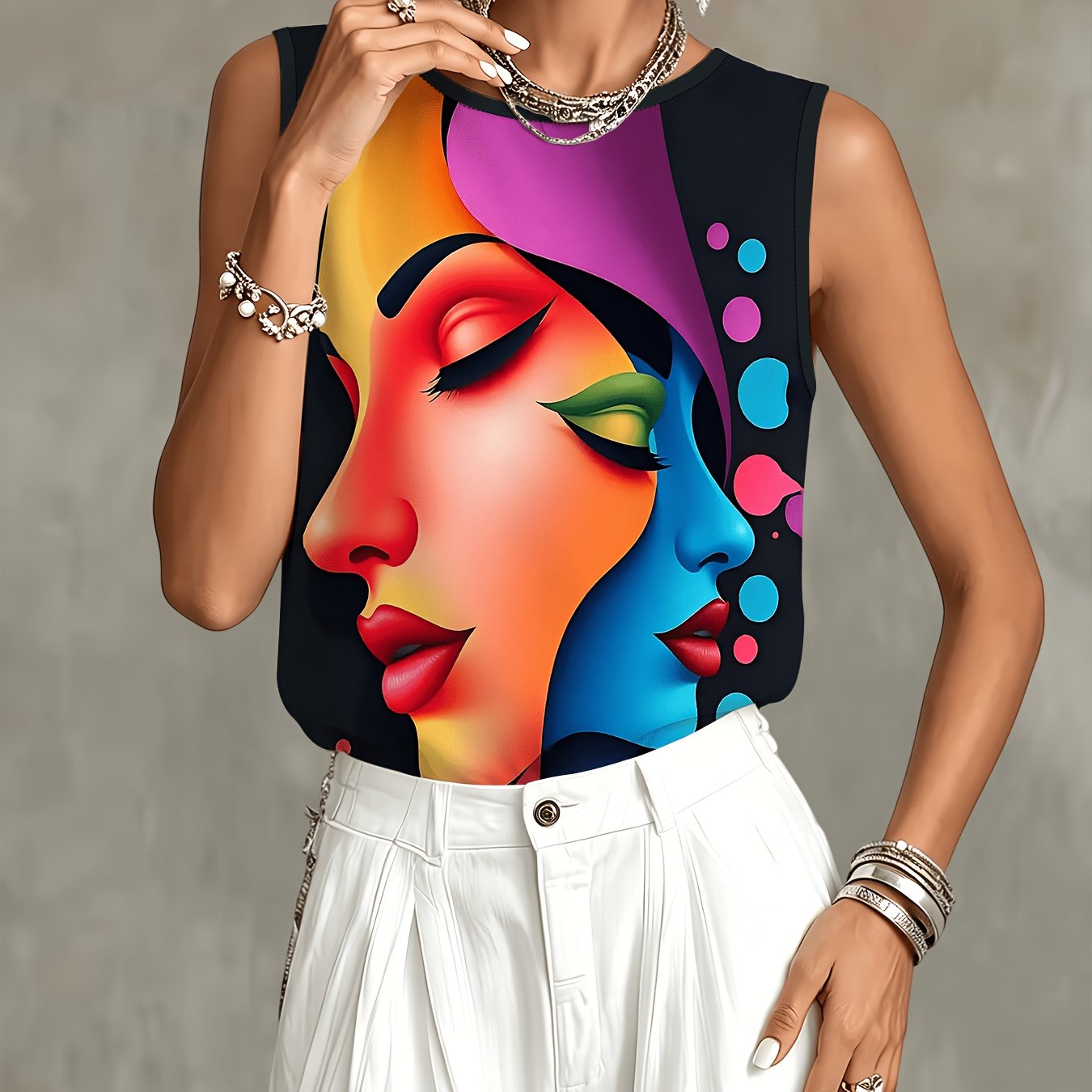TEMU Women's Colorful Face Print Sleeveless Tank Top, Fashionable Artistic Pattern Top, Trendy Design T-shirt