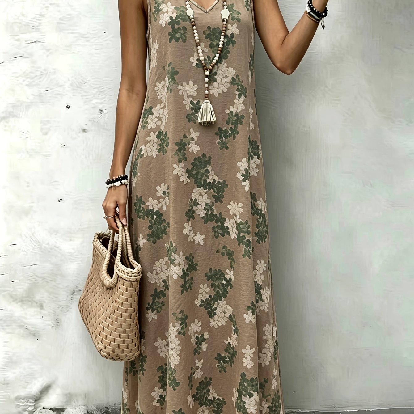 TEMU Bohemian Floral Print Sleeveless Maxi Dress With V-neck, Loose Fit, Breathable And Draping Fabric For A Relaxed Beach Photo Style