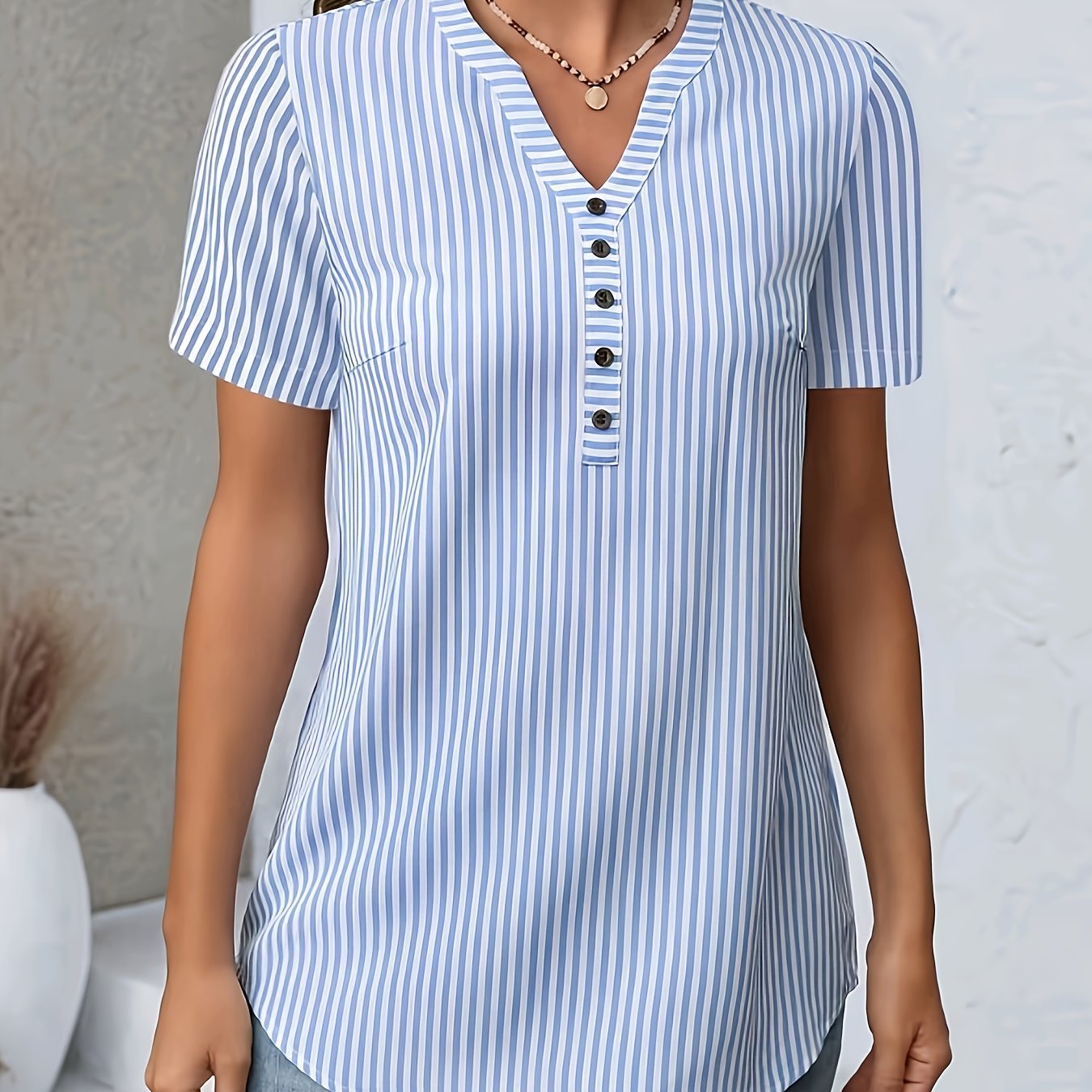 TEMU New Women's Elegant Striped Print Notched V-neck Short Sleeve Shirt - Women's Casual Shirt - Suitable For Spring And Summer Daily Wear -