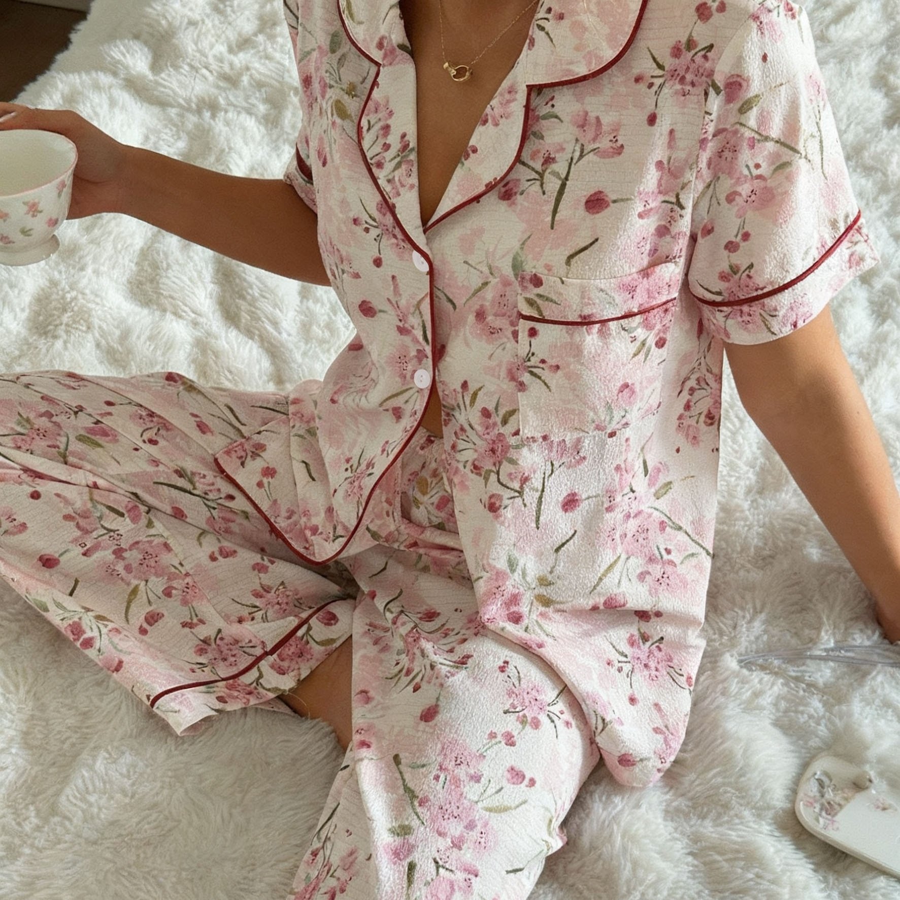 TEMU Women's 2pcs Short-sleeve Lapel Collar Pajamas - Short-sleeve Top & Long Pants Matching Sleepwear Suit, Non-sheer Machine-washable Pajamas For
