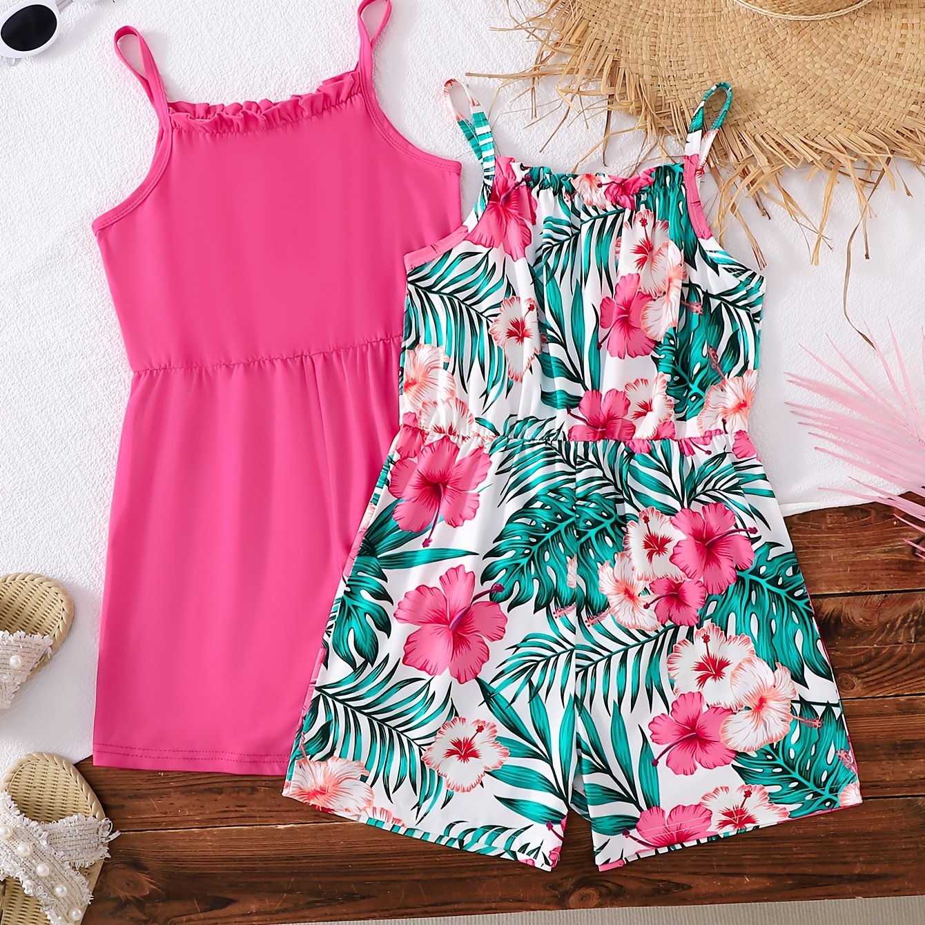 2pcs Young Girl Spring/summer Style Pink And Floral Full Print Cami Waist Cinched Jumpsuit Casual Set, For Outdoor