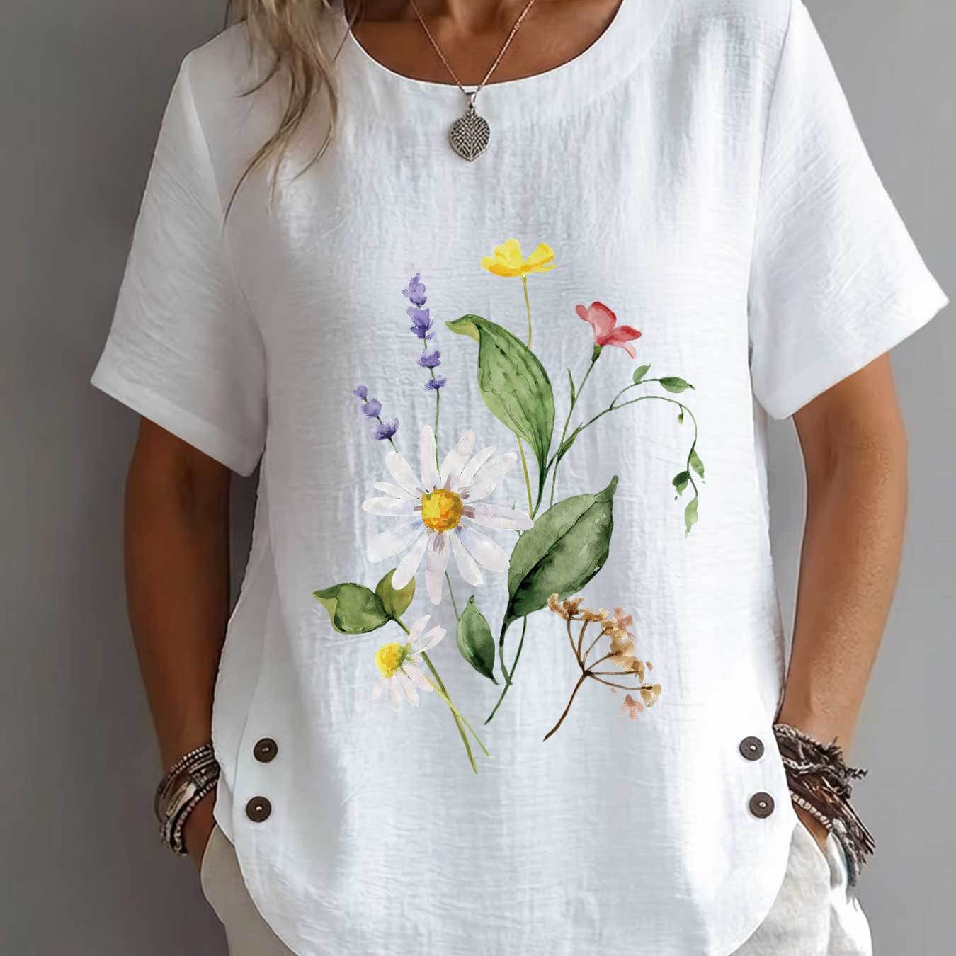 TEMU Verano Mujer Top, Estilo Estampado de Margarita Lavanda Casual Cuello Manga Corta Ropa Elegante
