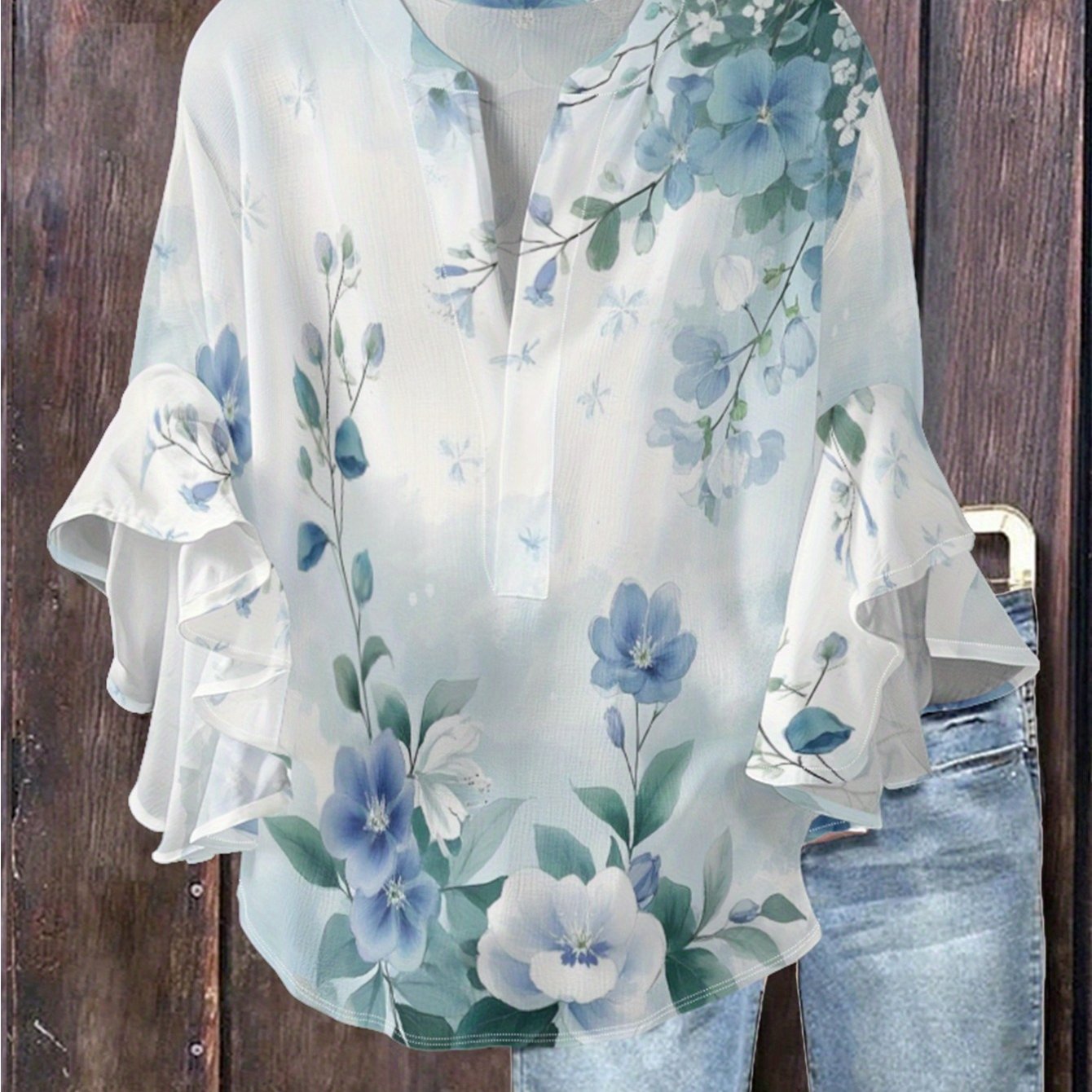 Image of Plus Size - Plus Size - Large Size Women's Clothing Elegant Casual Loose Semi-open Cardigan V-neck Splicing Ruffle Edge Five-quarter Sleeve Short Sleeve, Breathable Age-reducing And