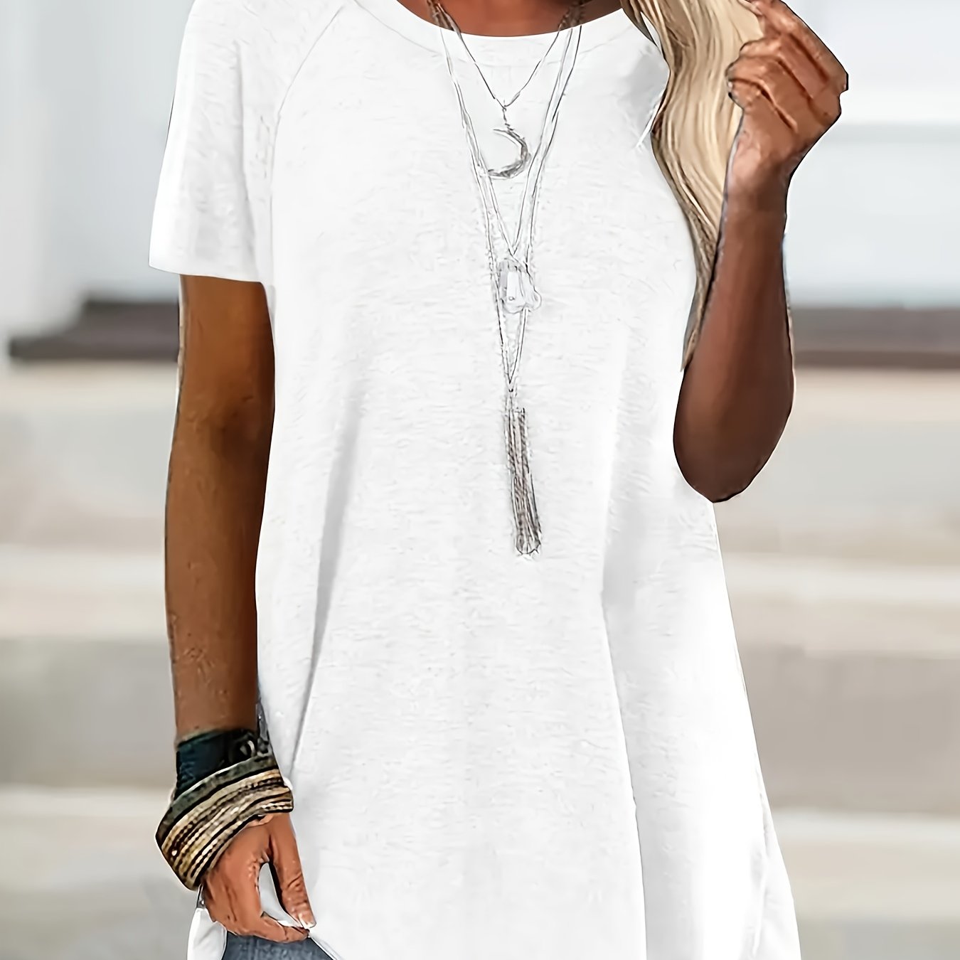 E-shop Zielgerichtete Entwicklung Damen Langstieliges, glattes T-Shirt, neuer trendiger Rundhals-Kurzarm-Tee, lässige Alltags-Damenbekleidung,