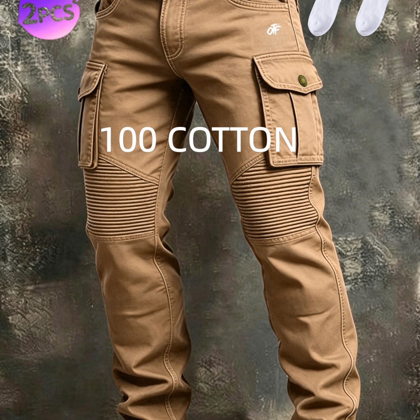 2in 1 Men Vintage Washed Biker Pants 100% Cotton Knee Pleated Matching White Socks Bundle