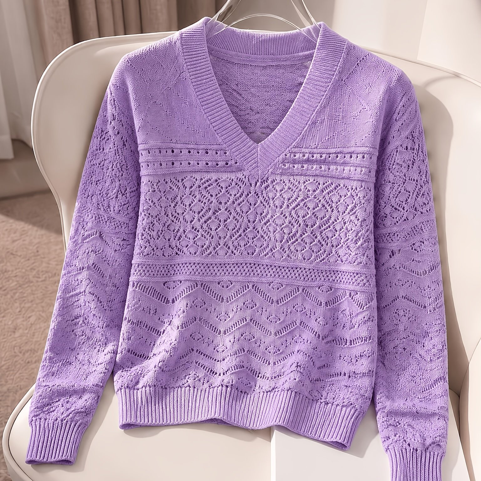 TEMU Pull BZRA pour femme à col en V et motif , pull au crochet à manches longues, haut décontracté léger et doux, adapté à un usage et en automne