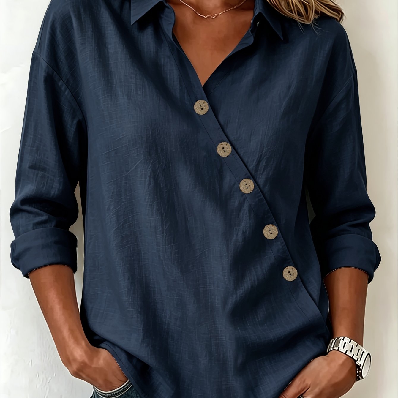 TEMU Spring/autumn New Slant V-neck Shirt, Women's Loose All-match Temperament Top Shirt