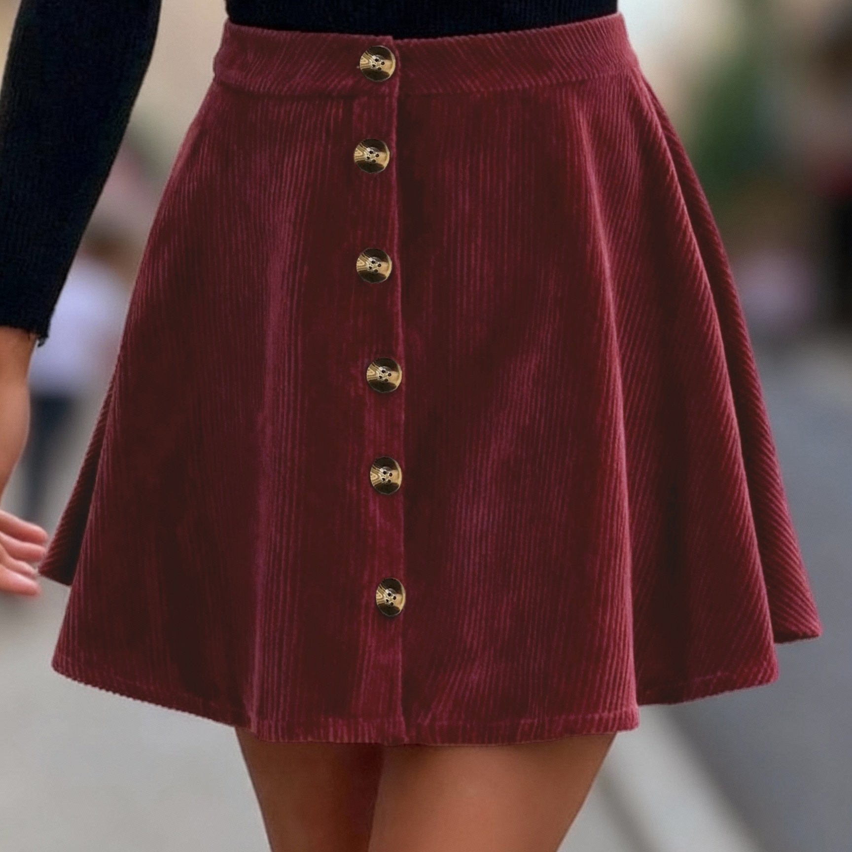 TEMU Jupe courte évasée taille haute, jupe mi-longue boutonnée pour femmes, style automne/hiver