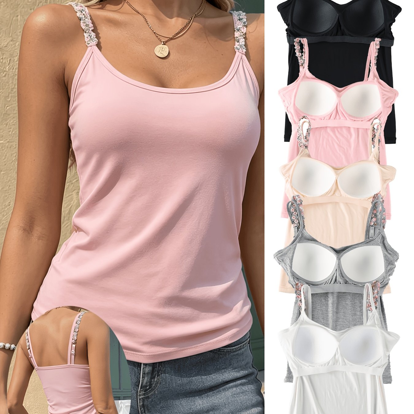 Image of 5pcs Women's Lace Camisole Tank Tops With Built-in Cups - Palette For Versatile Styling - Fashionable, Elegant, And