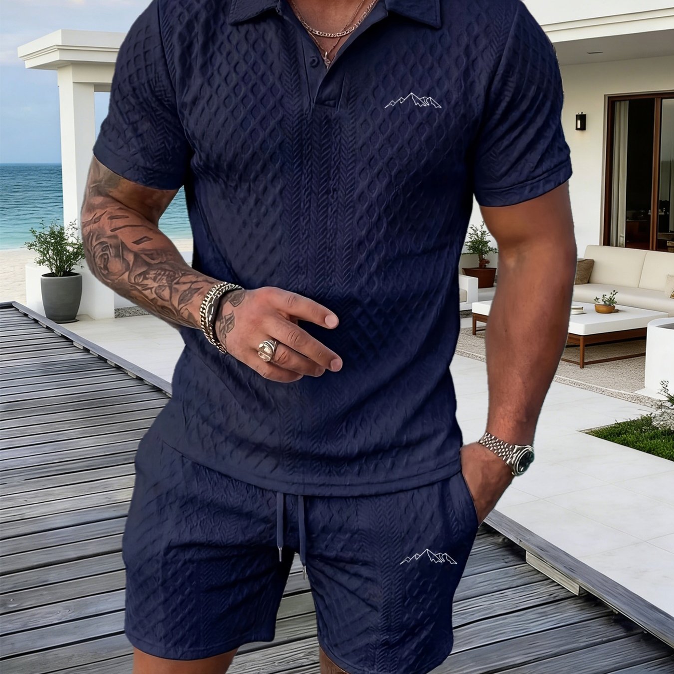 TEMU New Summer Men's Jacquard Set, Small Mountain Print, Comfortable Fabric, Casual Sport 2pcs Set, Stylish And Versatile, Suitable For Home And