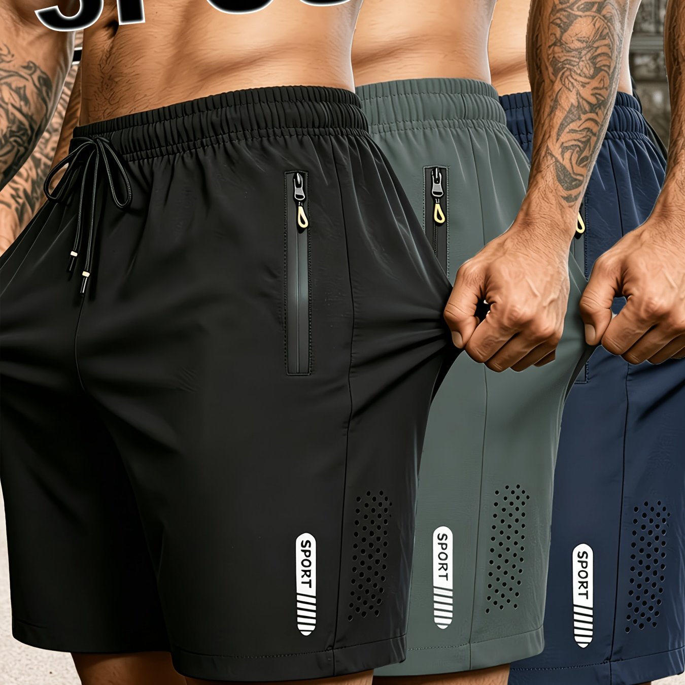 TEMU 3pcs Men's Ultra-thin Drawstring Sports & Casual Shorts, For Fitness, Solid Color Breathable Quick- With Zippered Pockets And Waist Drawstring,