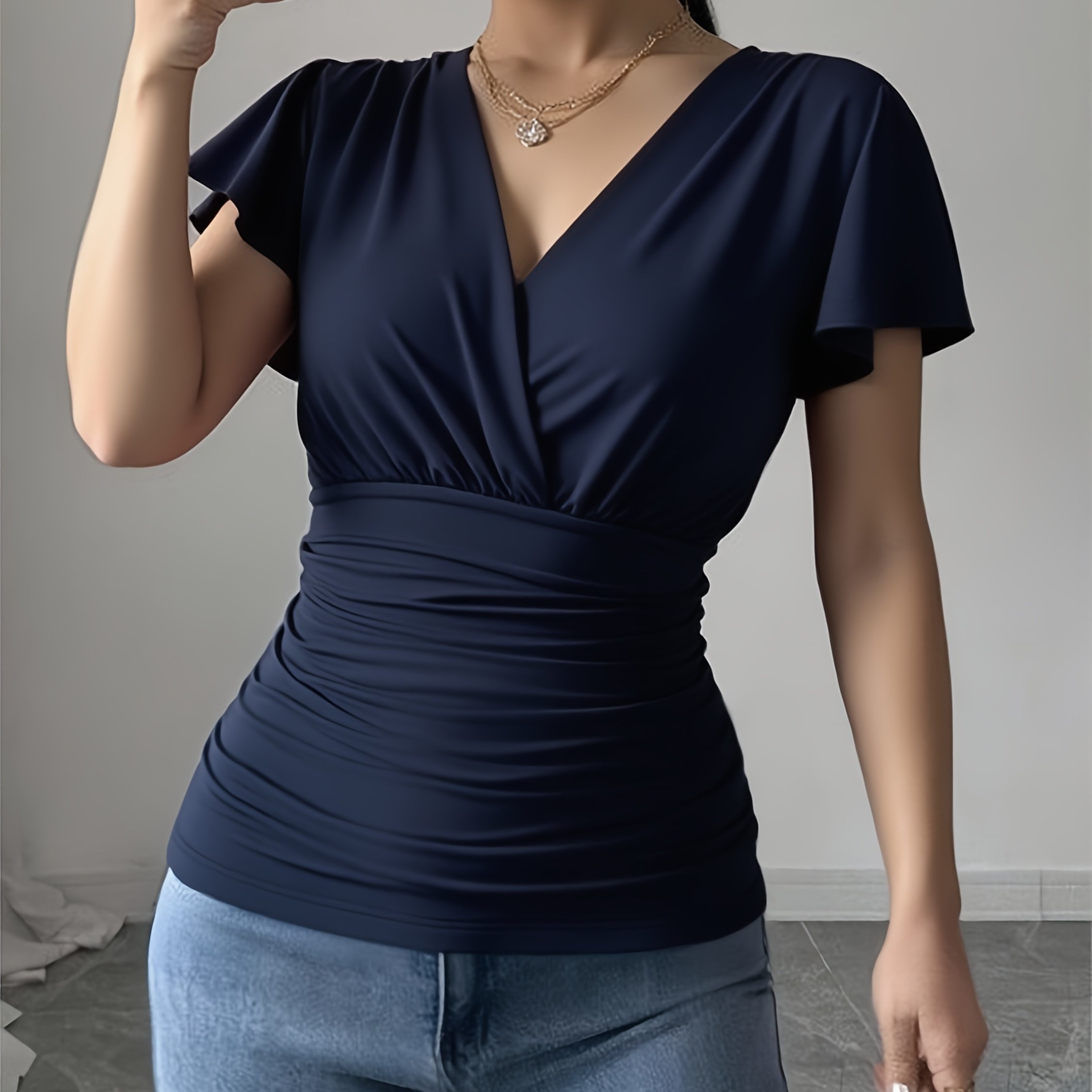 V-neck Waistline With Flounce Sleeves, A Casual And Elegant Short-sleeve Top