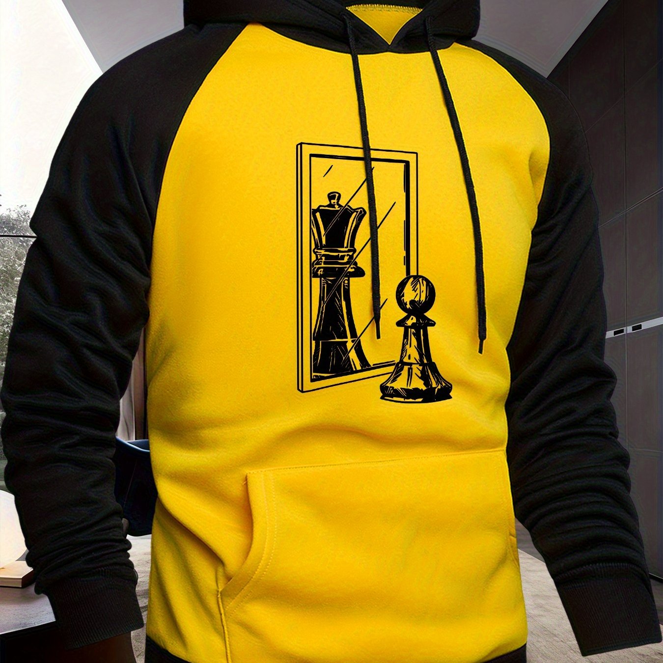TEMU Men's Hooded Sweatshirt Featuring A Design With Checkered Elements, A Stylish And Versatile Hoodie, And Unique Raglan Sleeves With A Chess Piece