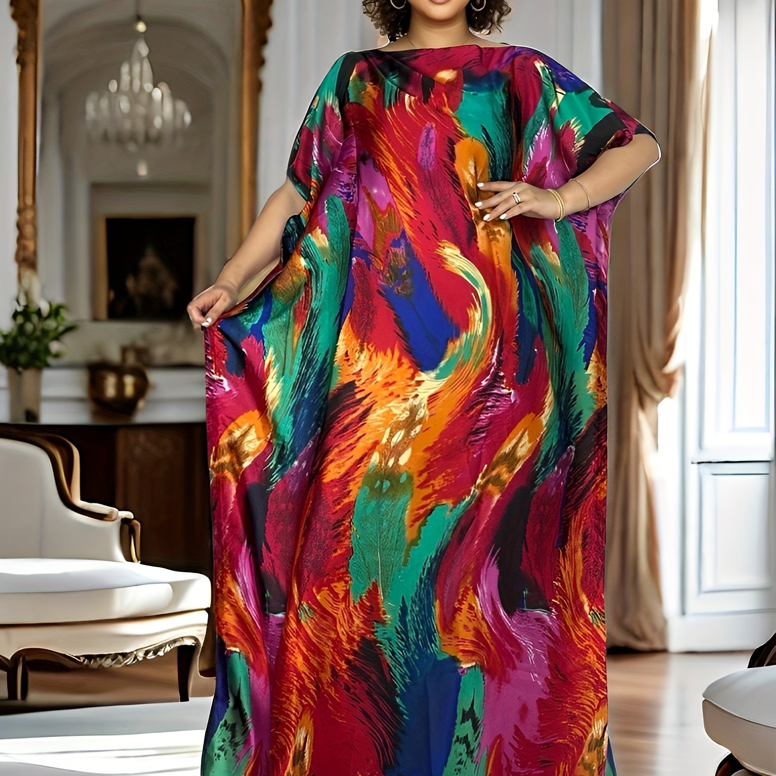 TEMU Plus Size Allover Print Kaftan , Modest Crew Neck Sleeve , Women's Plus Size Clothing