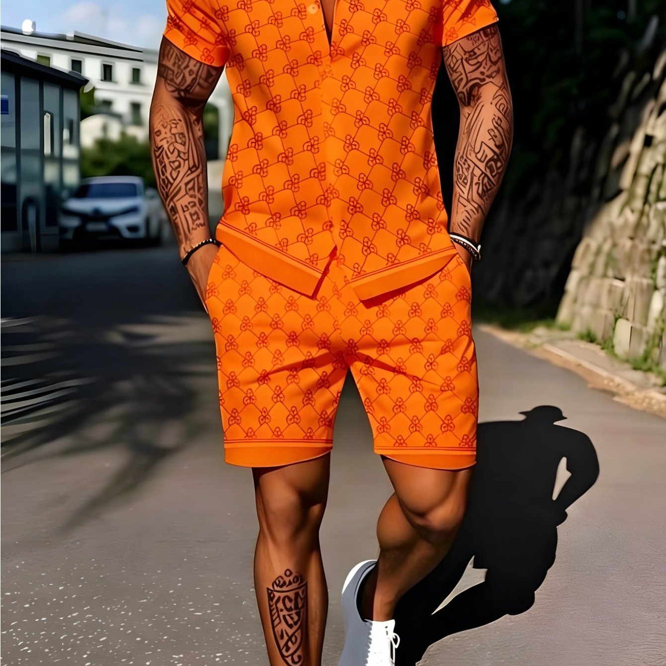 TEMU Men's 2pcs Set: Stylish Casual Trendy Outfit, Featuring Collar And Printed Design, Adult Size. Very Suitable For Casual Wear And Sports