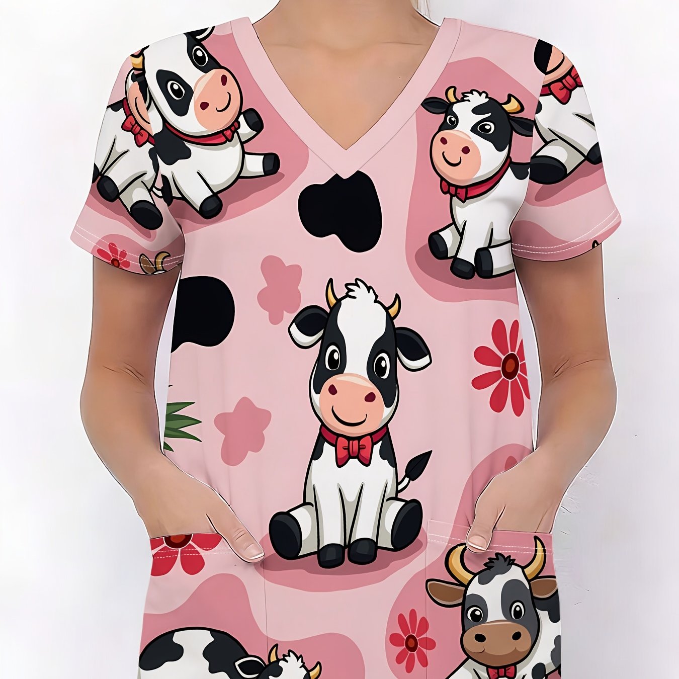 TEMU Women's Uniform, , Breathable And Skin-friendly Fabric, V-neck Design, Women's T-shirt, Cute Cow Element Pattern, Black And Image Is Adorable
