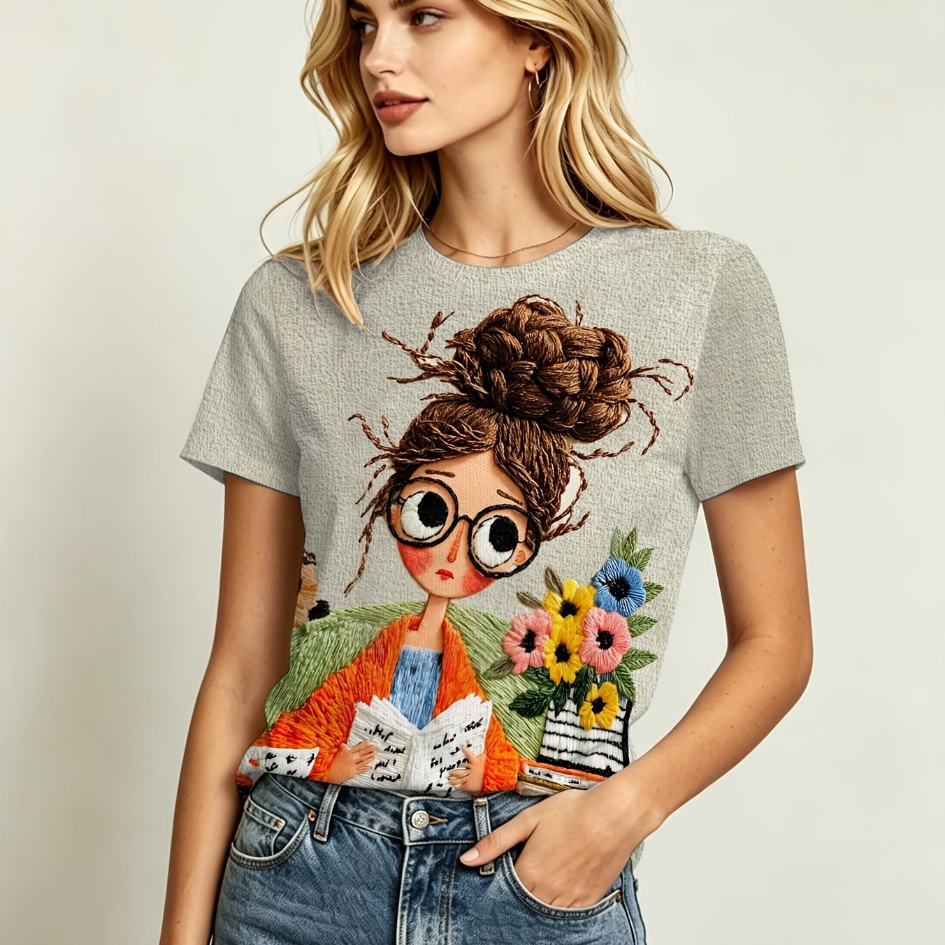 TEMU Printed Design â Non-textured Embroidery " Reading A Book" Print T-shirt For Women, Vintage Artistic Vibe, Short Sleeve For Daily , " With A Bu