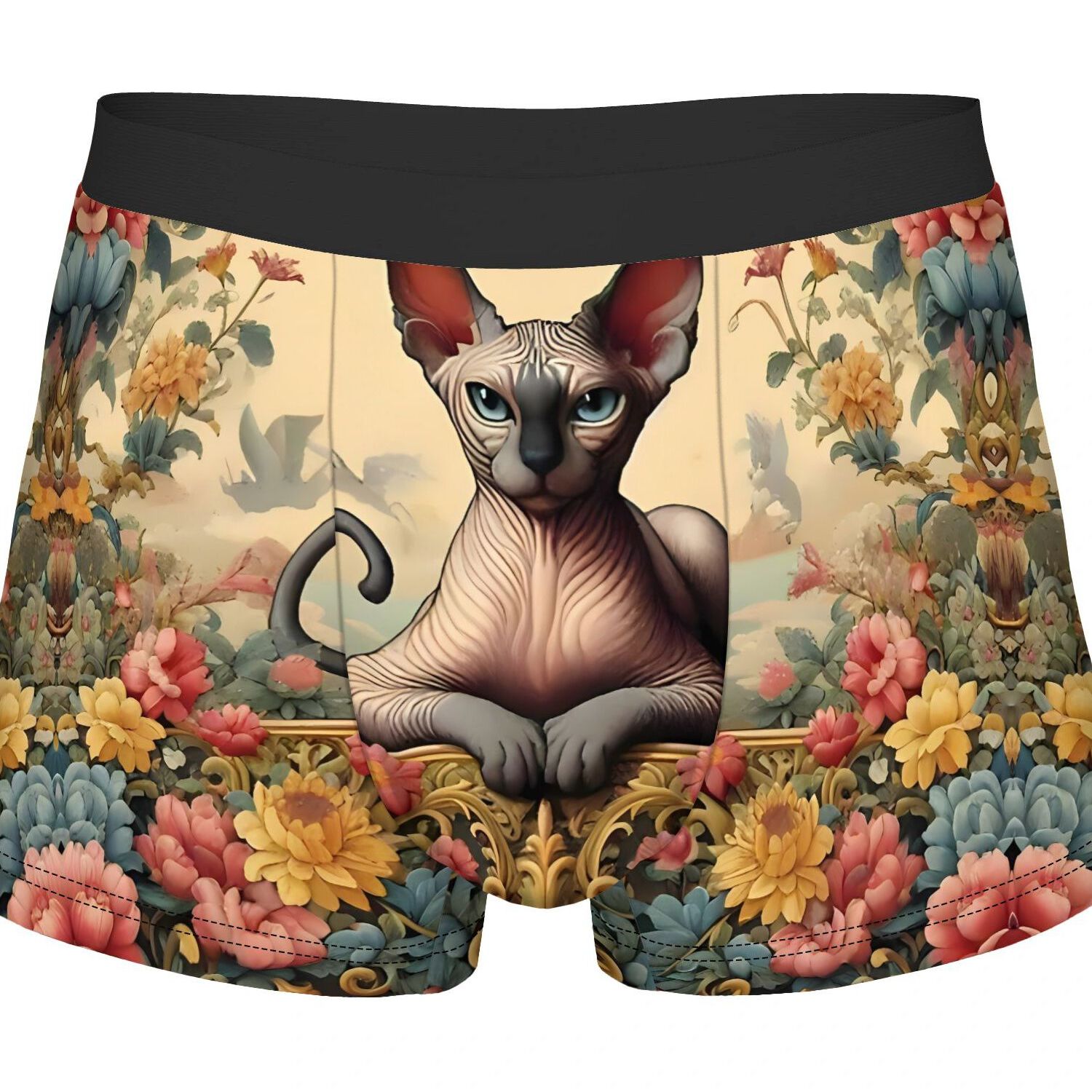 TEMU 2d Print Design Sphynx Cat In Flower Garden Men's Underwear Shorts Boxer Cool Polyester Cool Underpants