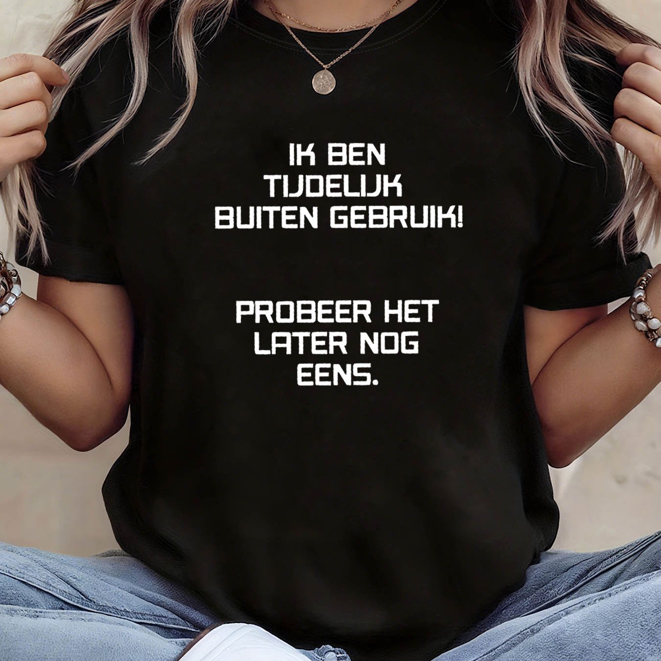 TEMU Plus Size - Dutch I Am Temporarily Service Later Letter Print Plus Size Women's T-shirt, Short Sleeve Crew Neck Casual Top For Summer & Spring,