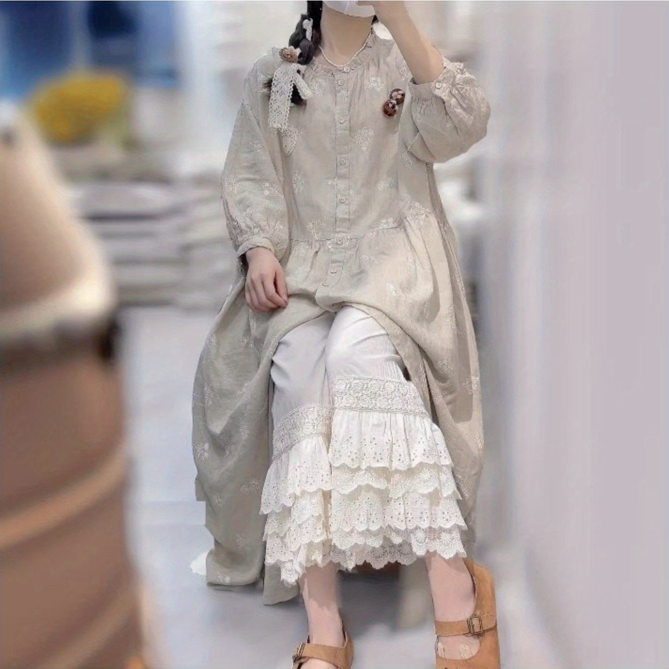 TEMU [日本×森のスタイル] レディース ワイドレッグパンツ - レースパッチワーク、半透明で通気性のある素材、調節可能なウエスト、春夏用、洗濯機で洗える、カジュアル&ル両方の場面に適しています。