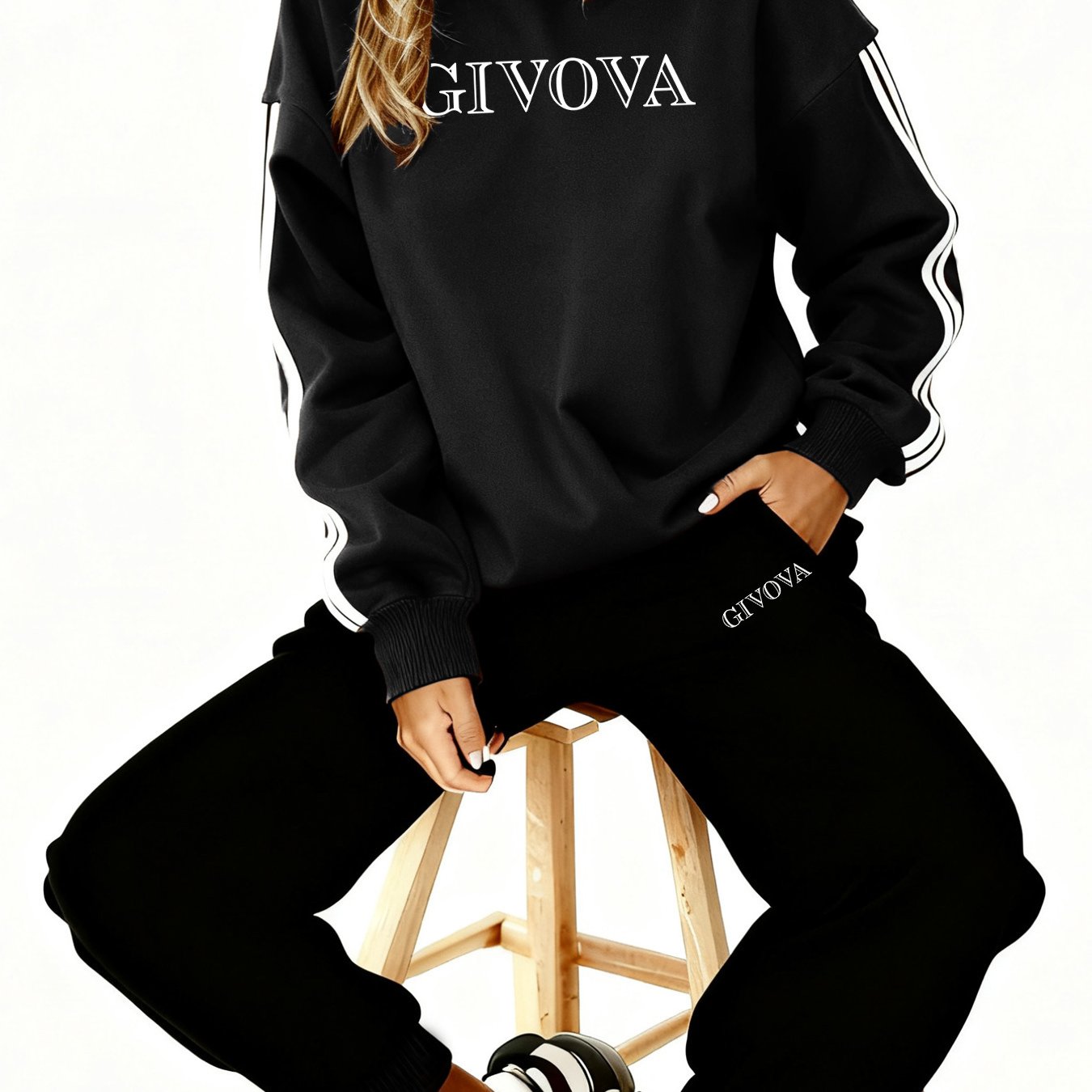 TEMU Set pezzi da donna /inverno , con , , design con stampa di fantasie, maglia con cappuccio e con striscia laterale, pantaloni lunghi con polsini