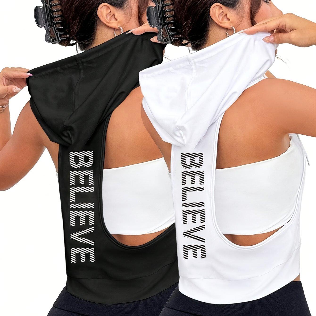 European And American 2pcs Fashion Casual Sleeveless Hooded Vest T-shirt