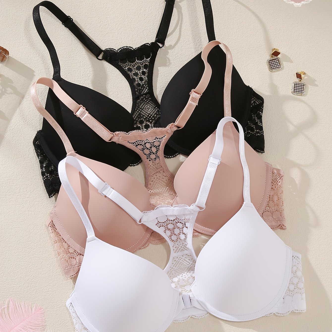 E-shop Damen Unterwäsche mit vorderem Verschluss, Push-Up BH, sexy rückenfreier, atmungsaktiver BH 3-teiliges Set