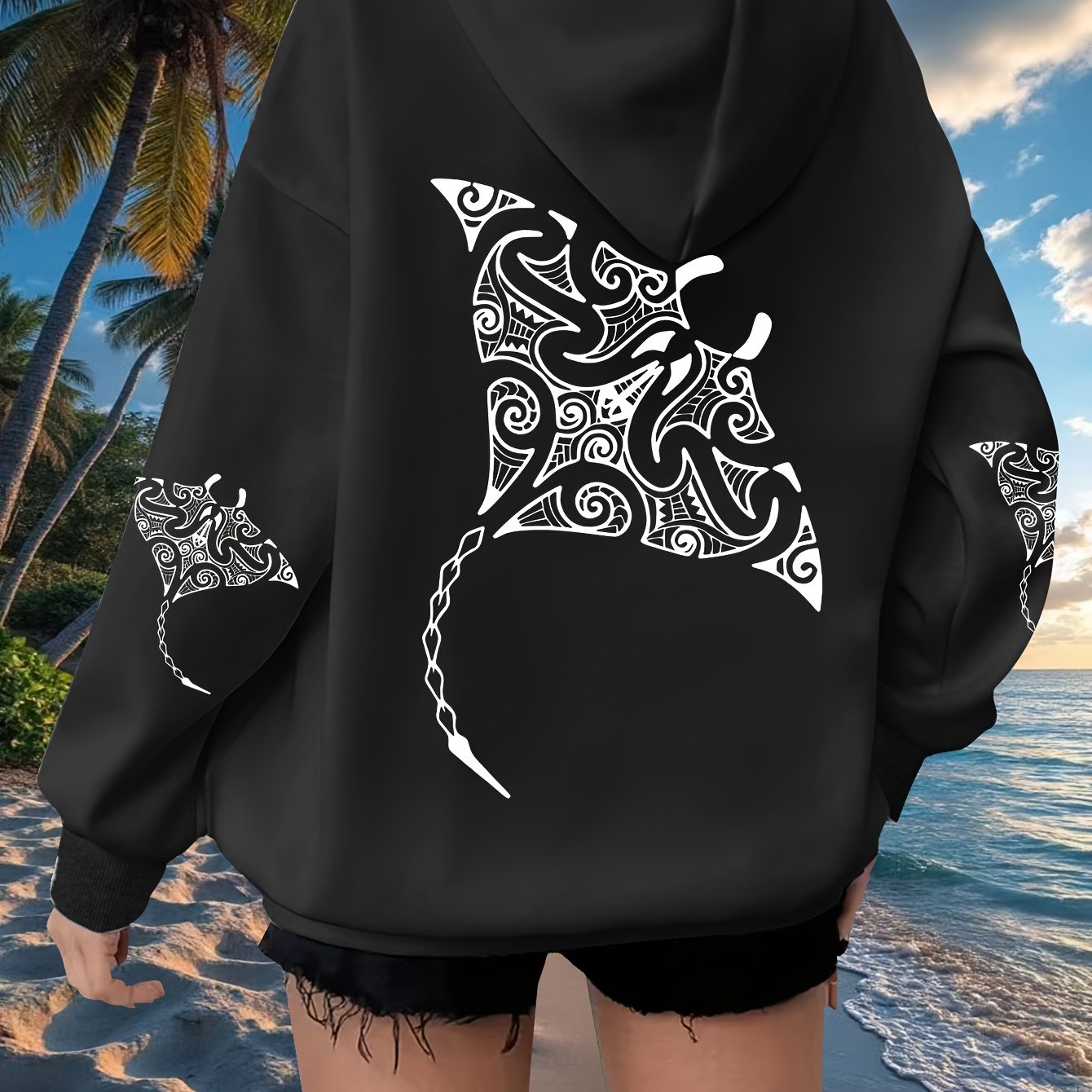 TEMU Plus Size, Ray/ Print + Women's Plus Size Long Sleeve Hoodie + Hooded Sweatshirt