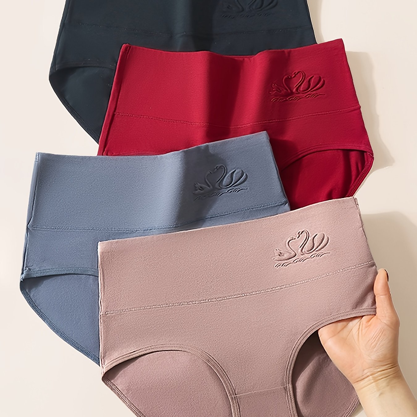 Image of 4pcs Swan Print High Waist Triangle Panties, Elegant, Comfortable, Soft, Breathable And Elastic Underwear For Autumn And Winter, Women's Underwear