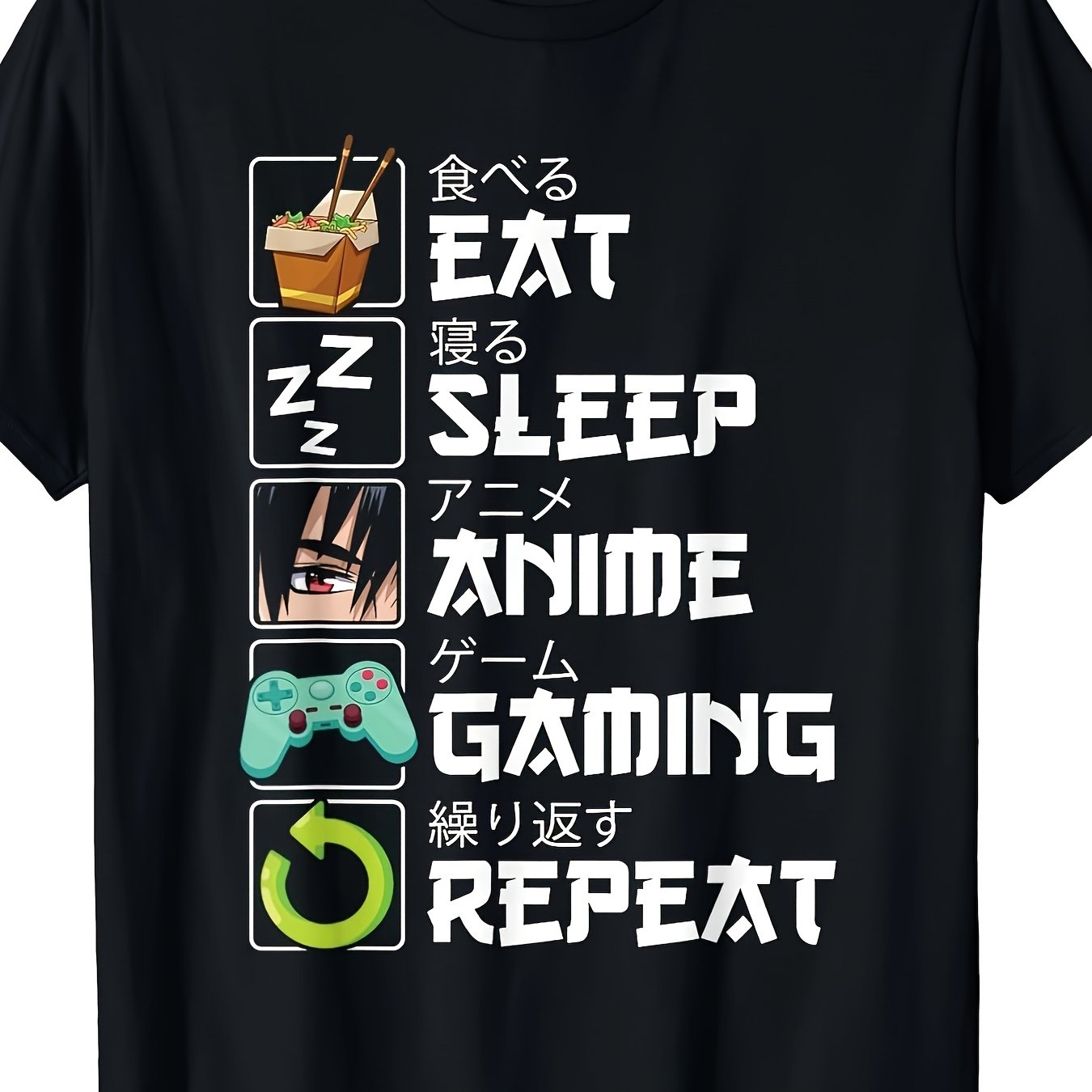 Image of Men's Retro Anime Graphic T-shirt - 100% Cotton Anime Gaming Repeat Design With Japanese Text & Art - Regular Fit Casual Short Sleeve Crew Neck Tee For , Themed Gift Shirt, Durable Cotton Shirt