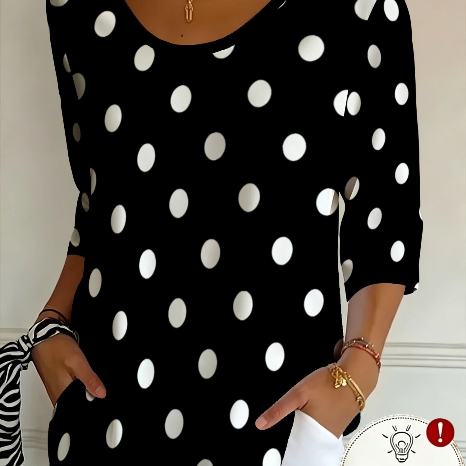 TEMU [printed Design - Not Textured] Women's V-neck Three-quarter Sleeve T-shirt, Classic Polka Dot Grid Pattern, Style, Vacation Daily Wear