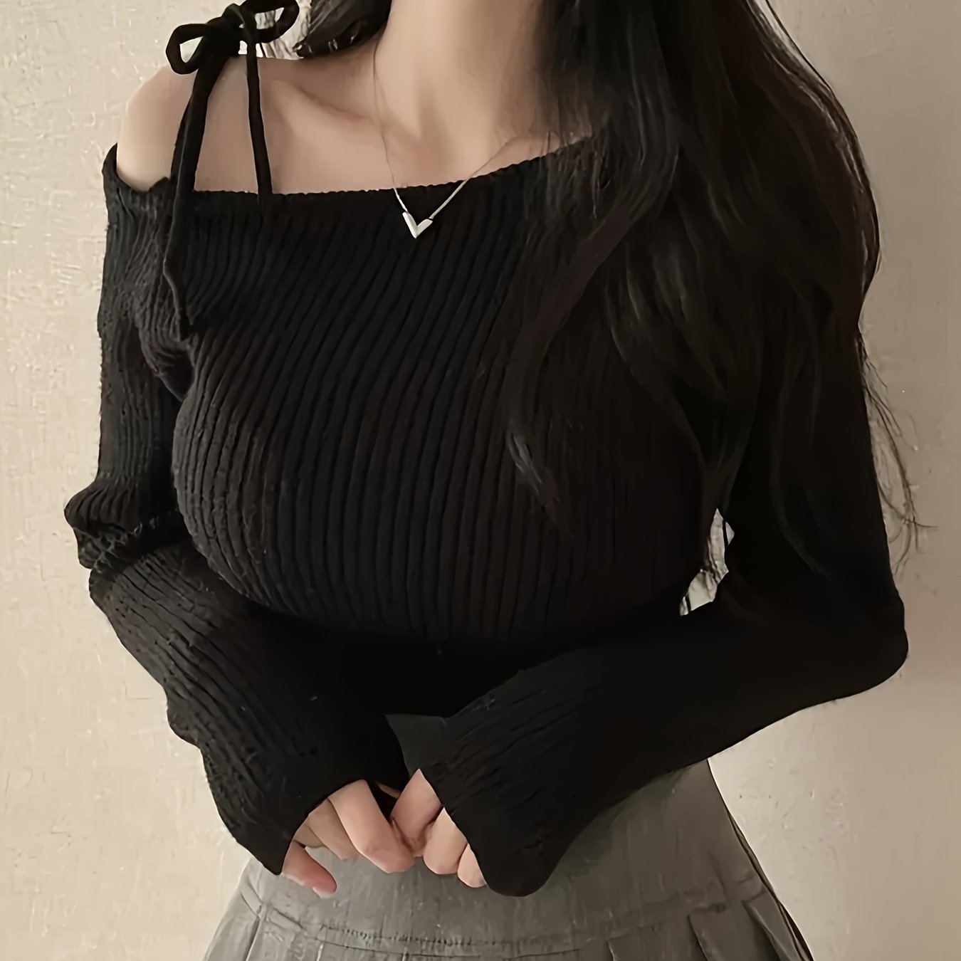 TEMU Pull Y2K à épaules dénudées, pull à lacets, pull à épaules froides, pull décontracté uni à manches longues, vêtements pour femme