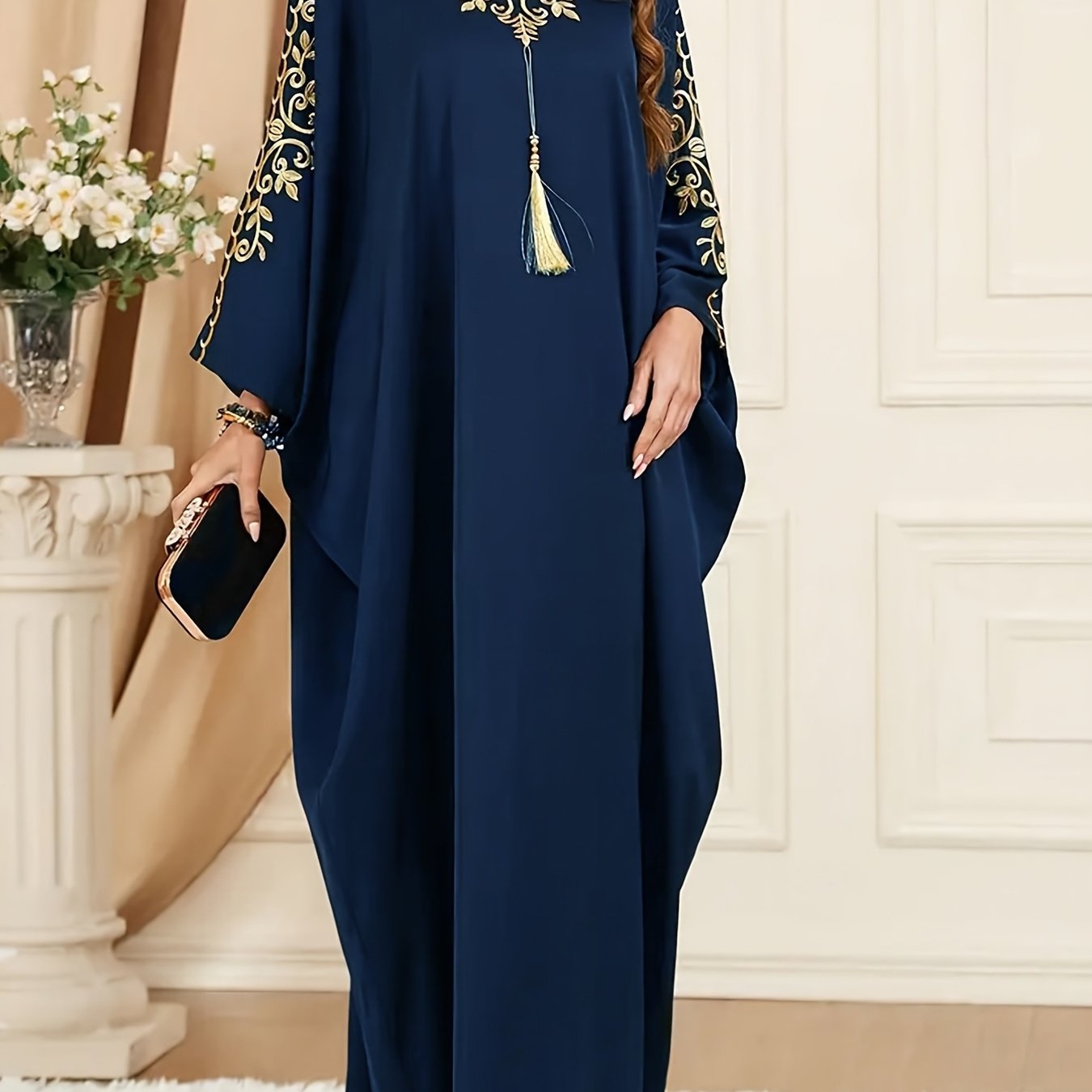 E-shop Blumenmuster Kaftan-Kleid mit Quastenverzierung, Elegantes Rundhalskleid mit Fledermausärmeln, Damenbekleidung