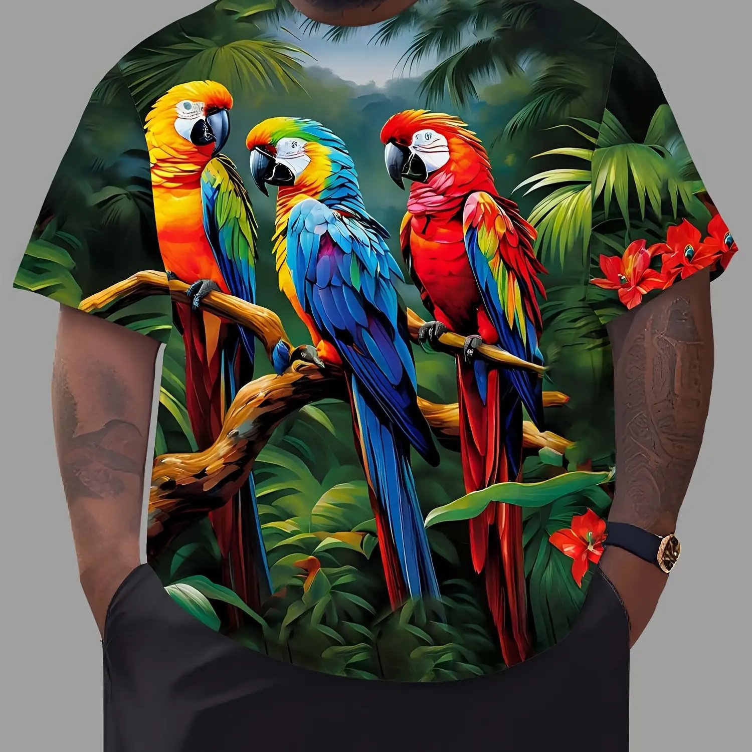 TEMU Men's Plus Size Tropical T-shirt - Bird And Featuring Macaws And Toucans, Breathable Short Sleeve Crewneck Casual Sportswear, Machine Washable