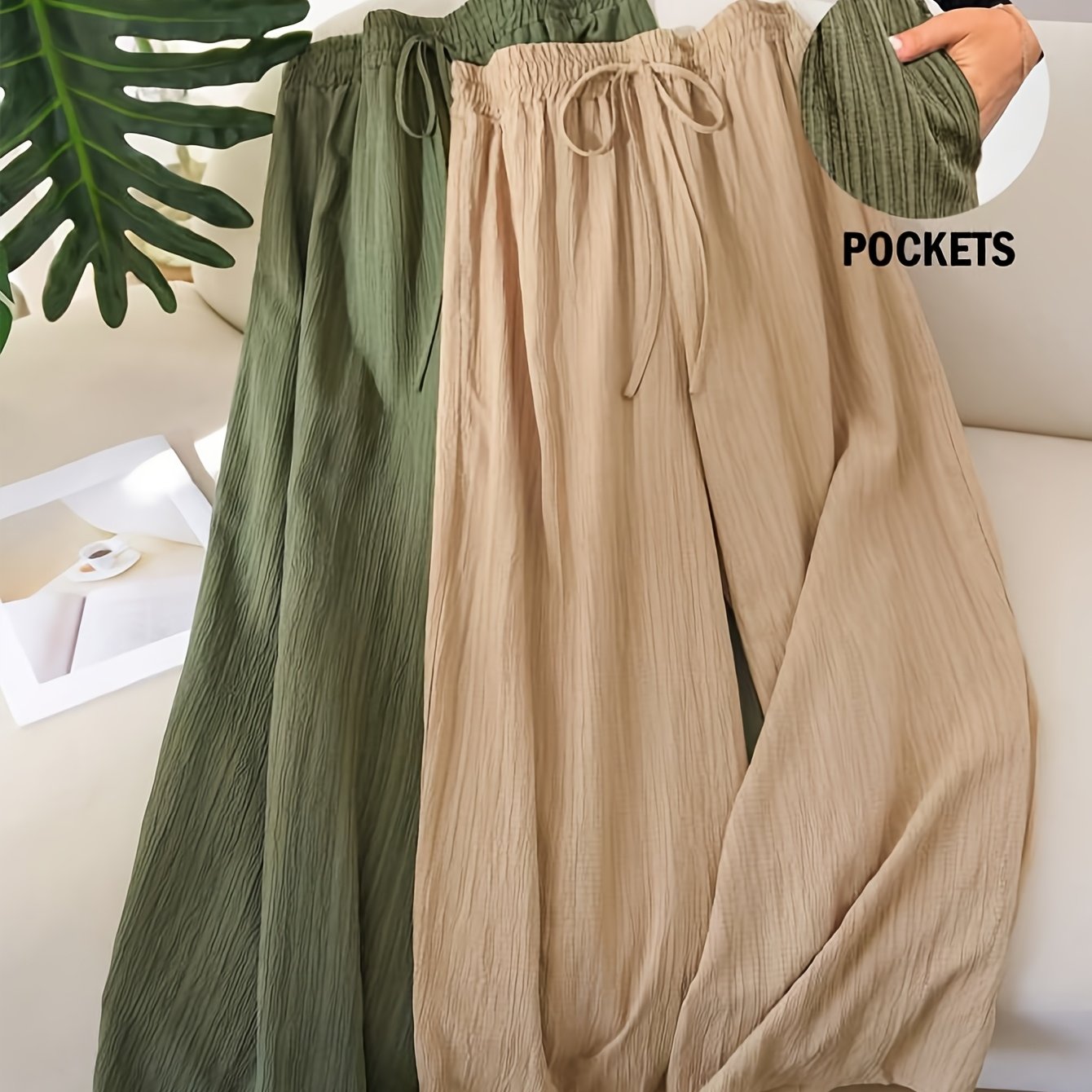 TEMU Plus Size - 2-pack Set Women's Plus Size Wide Leg Pants - High Waisted Decorative Drawstring Waist Design, Pleated Texture Lightweight Casual