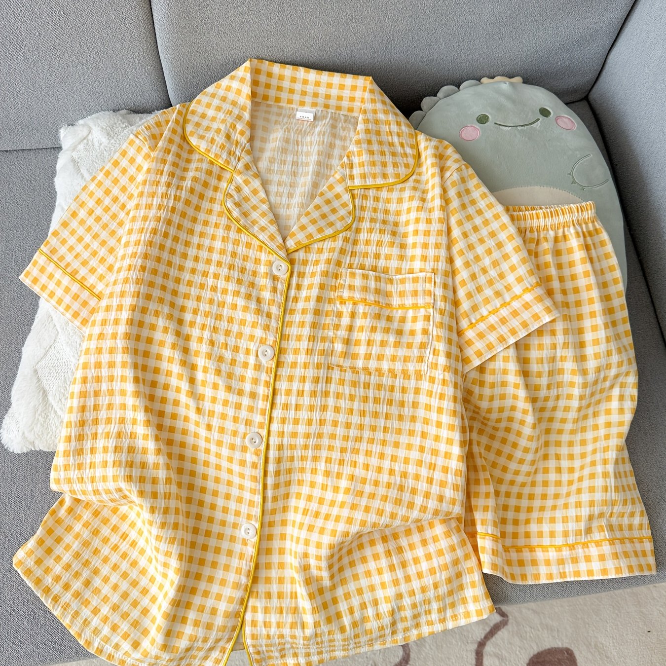 TEMU 【商品名】レディース 夏 新作 カーディガン チェック柄 半袖 パジャマ セット パジャマ レディース 半袖 ショーツ ラペル かわいい プリント レディース カジュアル ホームウェア セット
