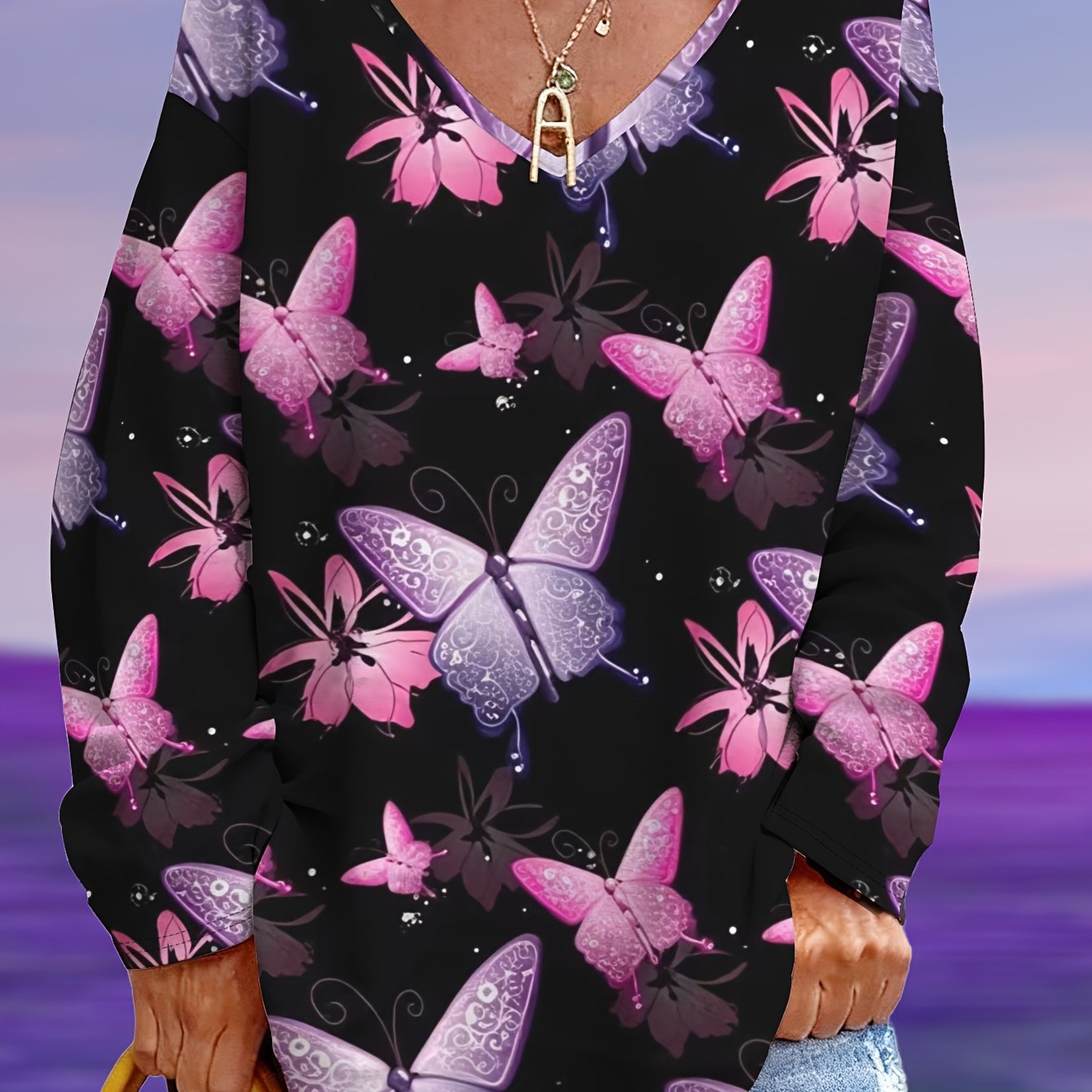 TEMU Plus Size - Plus Size - Plus-size Women's V-neck Long Sleeve T-shirt With Valentine's Day Pink-purple Heart Elements, Loose And Flattering Top