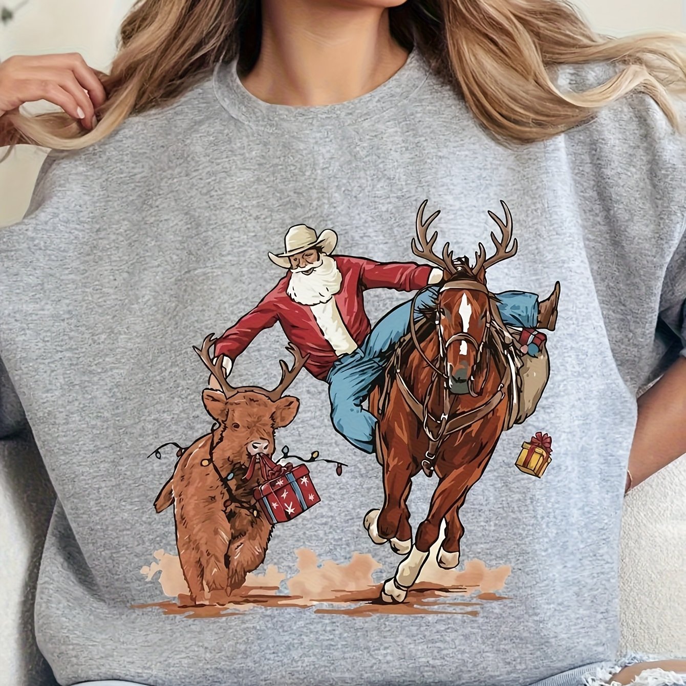 TEMU Women's Casual Sweatshirts Western Cowboy Santa Sweatshirts, Rodeo Sweatshirts, Horse And Reindeer Sweatshirts, Country Style Christmas
