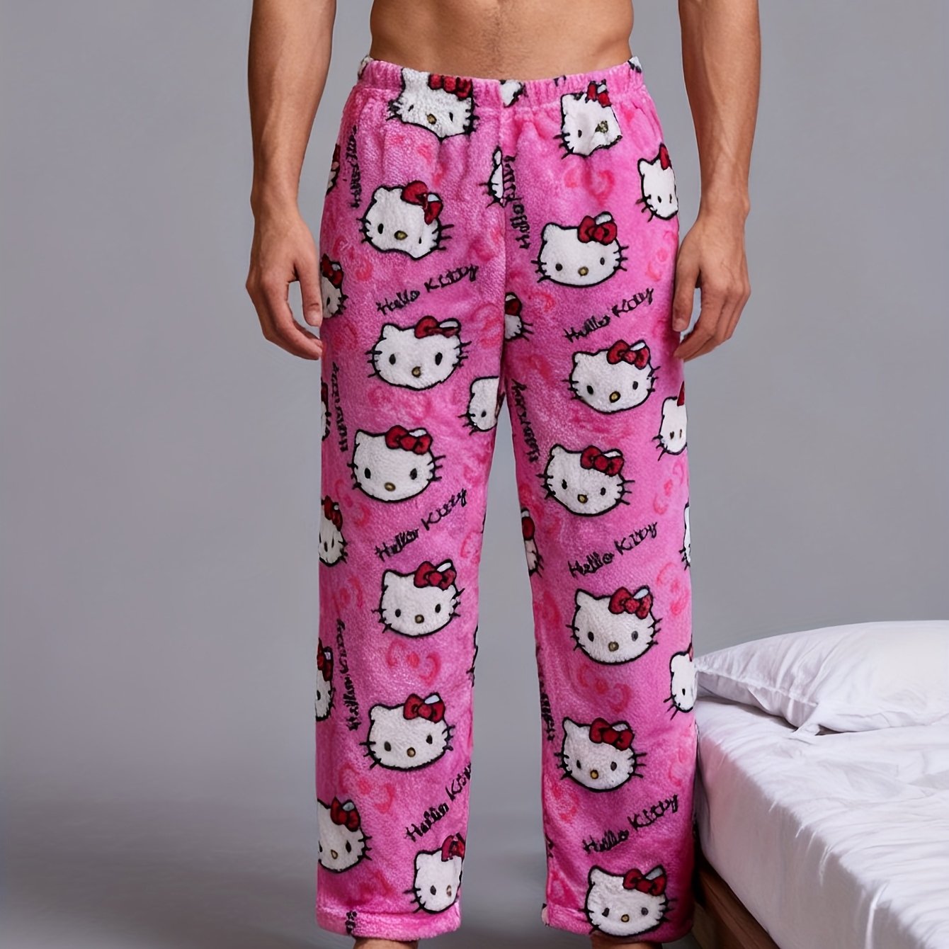 Image of Hello Kitty Men's Flannel Pajamas | Autumn And Wear Pants Bottoms | Cute Kt And Letter Prints | Party Pajamas Christmas Gifts New Year Gifts
