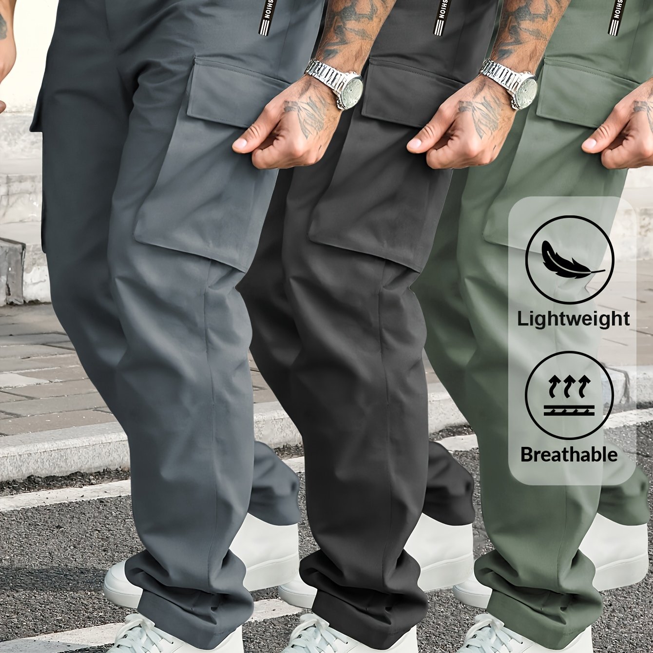 TEMU Men's Casual Cargo Pants For Spring And Autumn, Straight-leg Sports Trousers With Drawstring And Zip Pockets, Suitable For Outdoor Daily Jogging