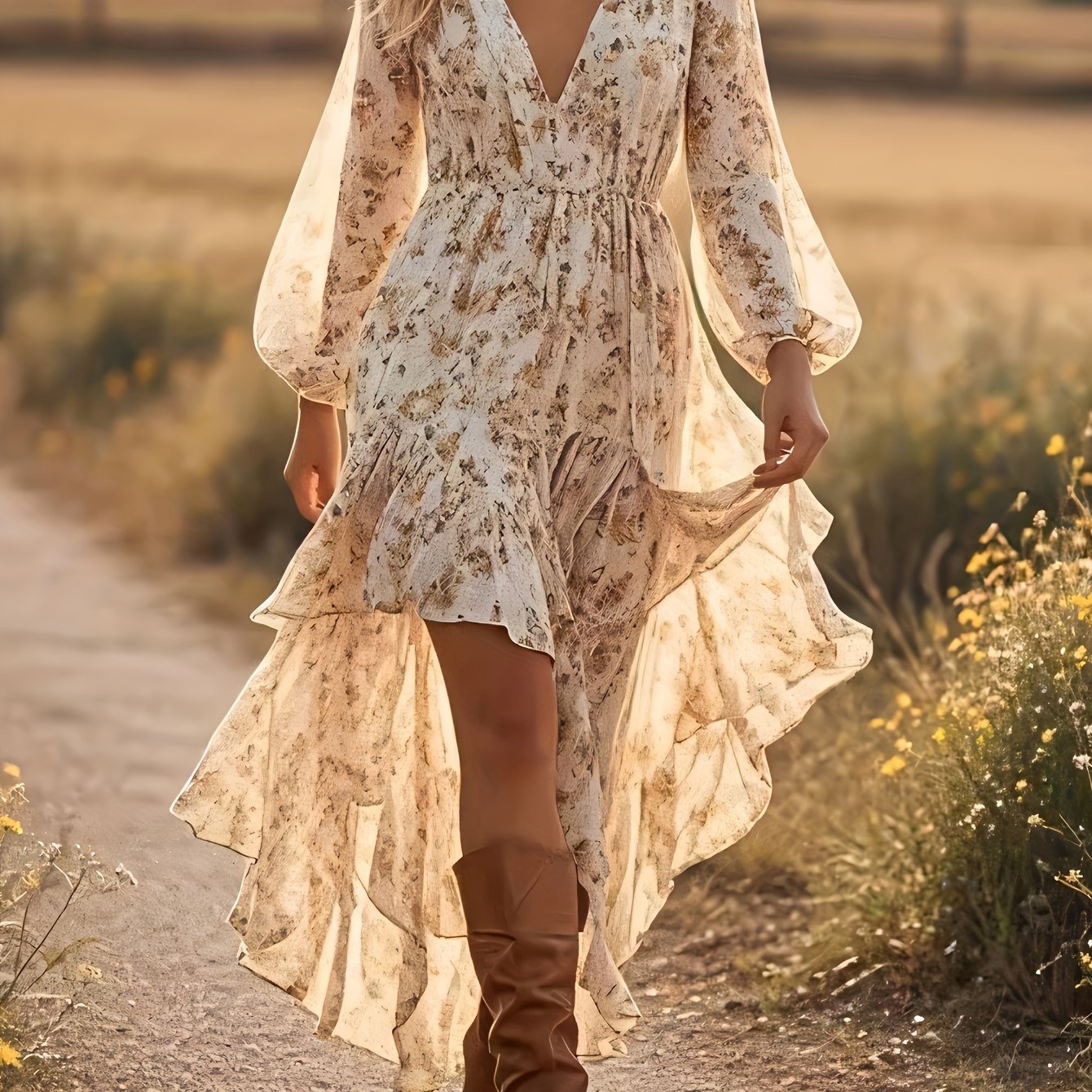 Image of Ln1470 Summer New Floral Print V-neck Asymmetrical Lace Trim Women's Dress