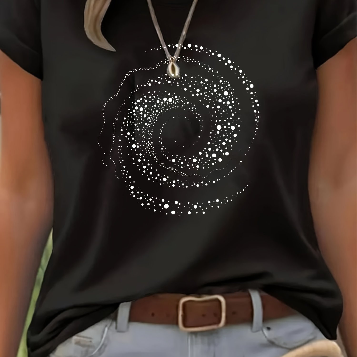 TEMU Women's Black Short Sleeve T‑shirt, Spiral Pattern Graphic Print, Breathable Polyester Fabric Casual Top, Multiple Sizes Available, Daily Casual