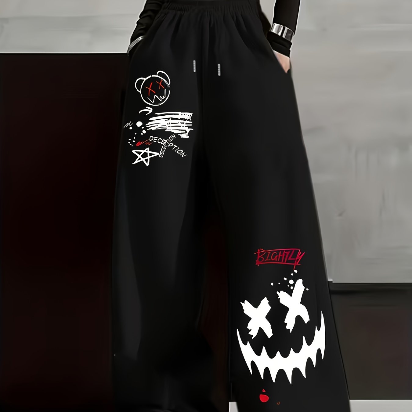 E-shop Damen Casual Hip-Hop Style Graffiti Fröhliches Gesicht Englisch Print Jogginghose, Damen Jogginghose mit Kordelzug geradem Bein, Damen