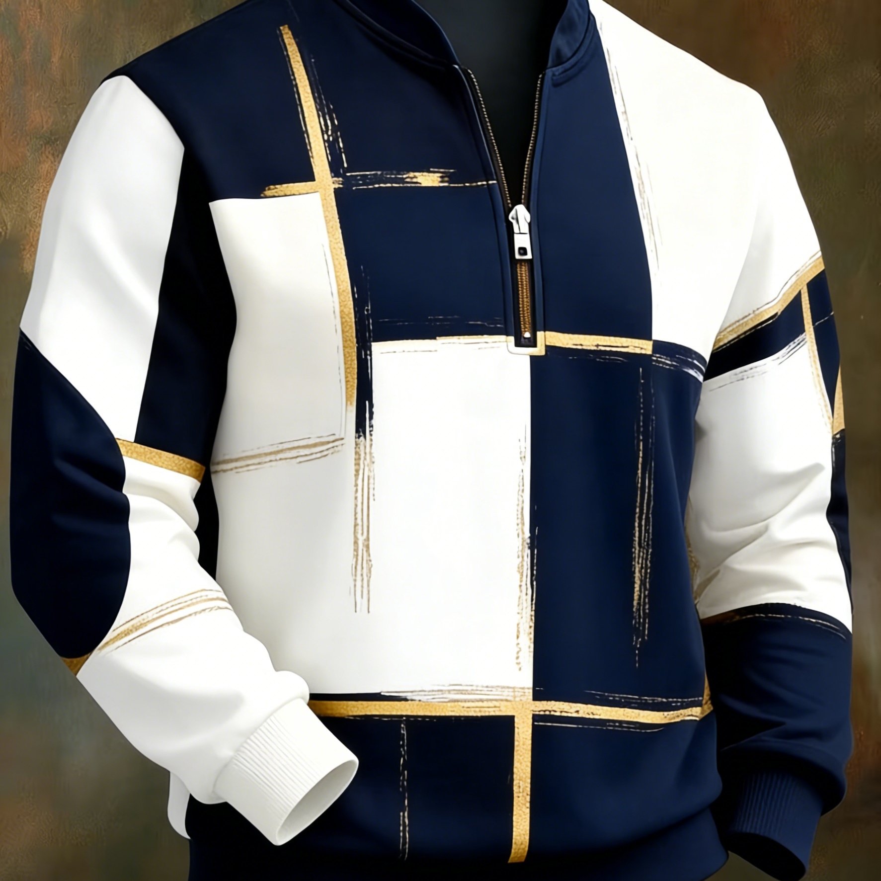 Plus Size Men's Brown And Beige Color Block Graffiti Check Half-zip Stand Collar Sweatshirt- Suitable For , Casual , Plus Size