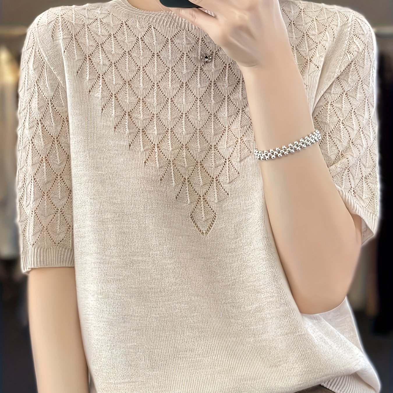 TEMU Solid Color Round Neck Short-sleeved T-shirt Women's New Temperament Versatile Hollow