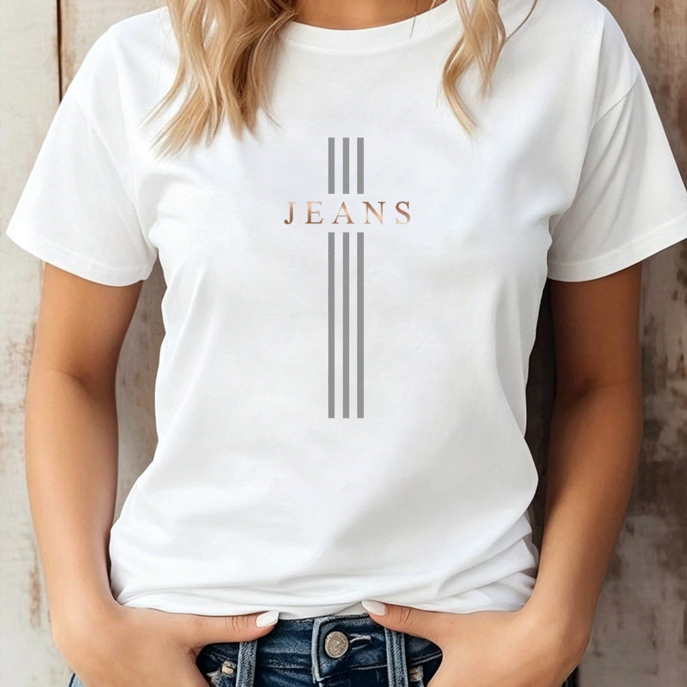 Image of Casual And Chic Women's Slim Fit White T-shirt With 'jeans' Graphic Design, Perfect For Spring/summer Layering