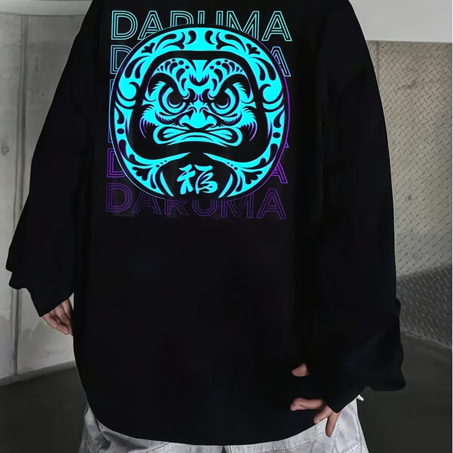 TEMU メンズ＆レディース 日本の达摩顔＆ト ネオングロー Tシャツ - オーバーサイズ ロングスリーブ ストリートウェア トップ 达摩の幸運付き 洗濯機対応 カジュツ