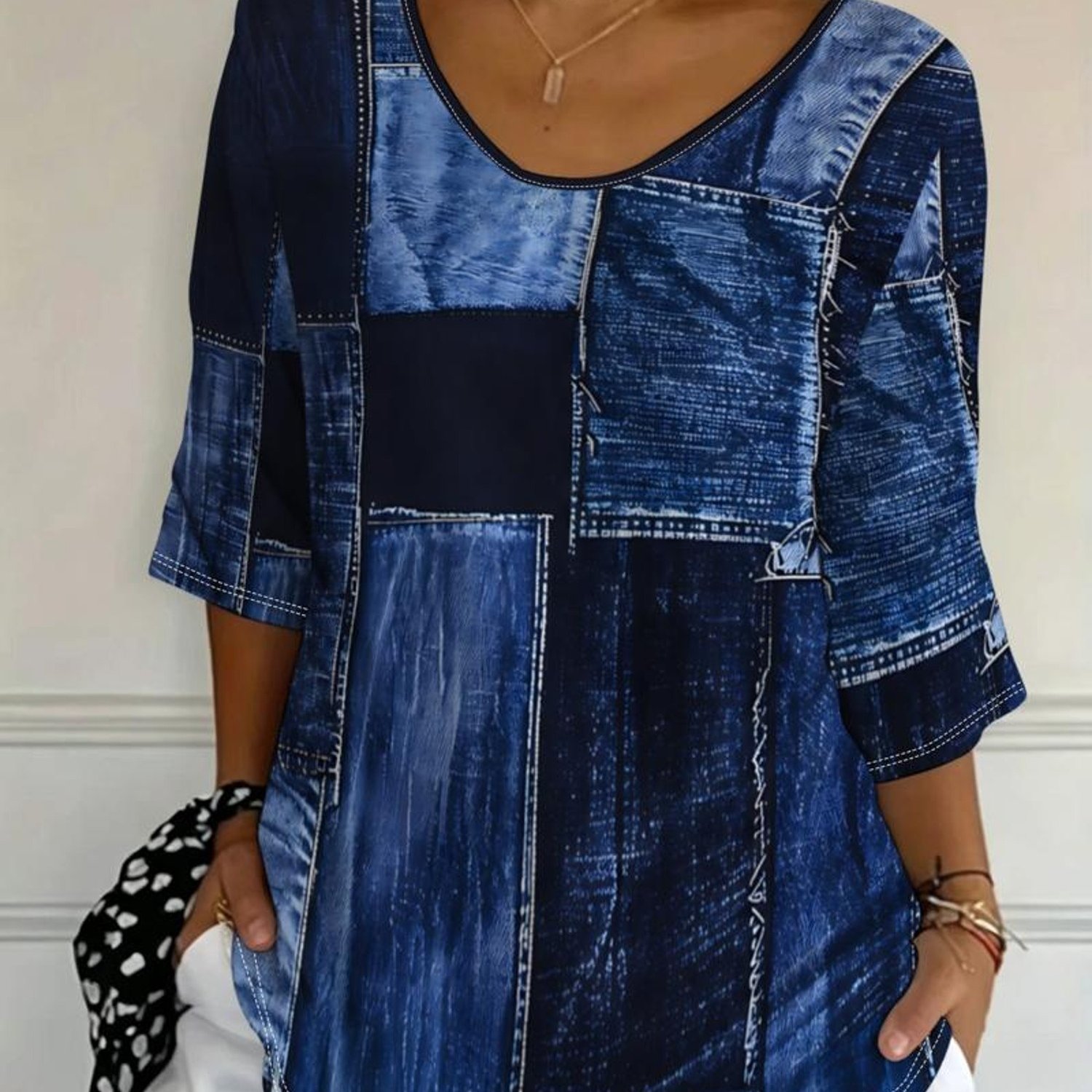 TEMU Haut pour femme grande taille, [Motif imprimé - Non texturé], Couleurs mélangées, Plusieurs tailles disponibles, Motif patchwork , Design ,
