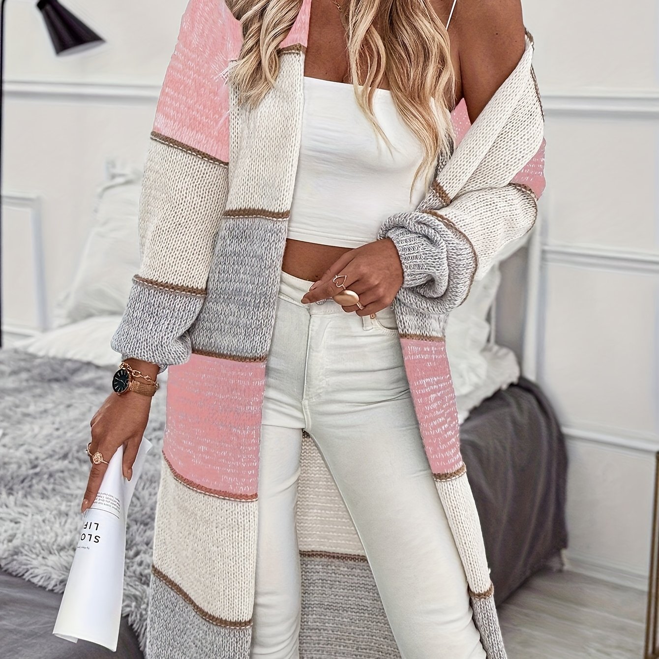 Image of Minimalist Gentle Style Casual Loose Fit Double Pocket Long Cardigan, Women's Versatile Long Sleeve Outerwear, Suitable For Loungewear, Daily Commuting, Vacation Dates, And Off-season Layering Ll265